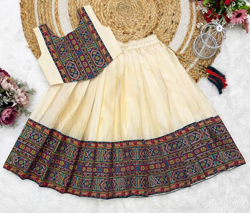 Off-white south indian traditional pattu pavadai silk blend readymade lehenga choli dress for girl's