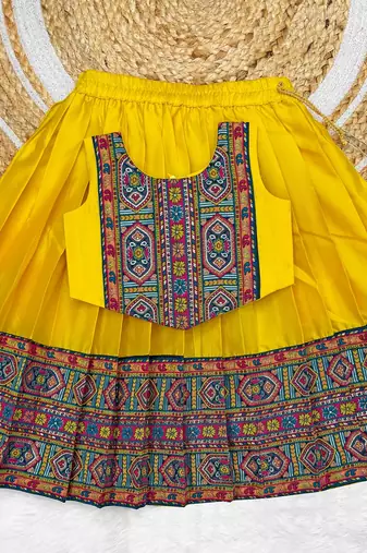 Yellow south indian traditional pattu pavadai silk blend readymade lehenga choli dress for girls