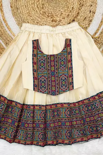 Off-white south indian traditional pattu pavadai silk blend readymade lehenga choli dress for girl's