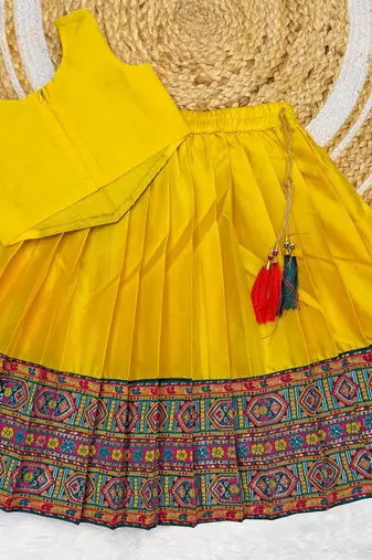 Yellow south indian traditional pattu pavadai silk blend readymade lehenga choli dress for girls