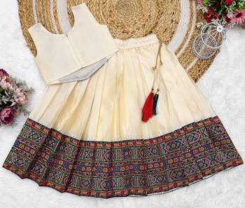 Off-white south indian traditional pattu pavadai silk blend readymade lehenga choli dress for girl's 3