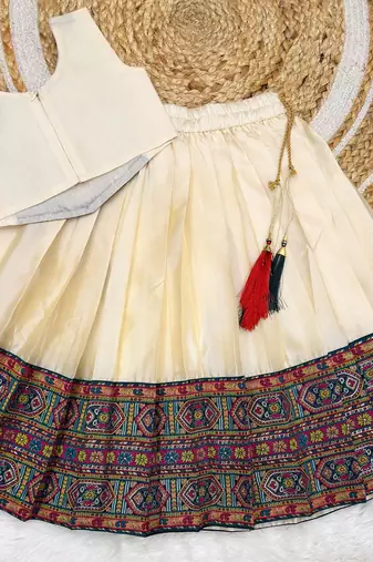 Off-white south indian traditional pattu pavadai silk blend readymade lehenga choli dress for girl's