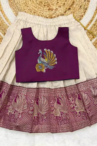 Red girls south indian pattu pavadai | traditional jacquard silk lehenga choli set