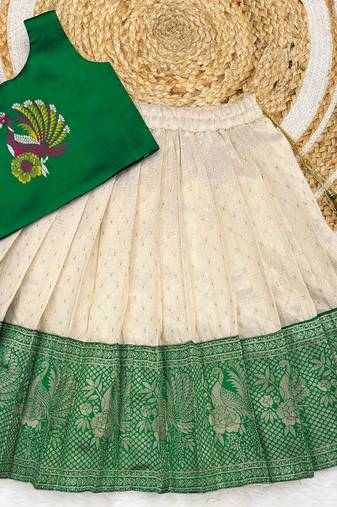 Green girls south indian pattu pavadai | traditional jacquard silk lehenga choli set