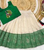 Green girls south indian pattu pavadai | traditional jacquard silk lehenga choli set