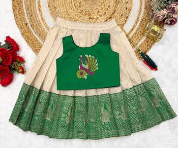 Green girls south indian pattu pavadai | traditional jacquard silk lehenga choli set 2