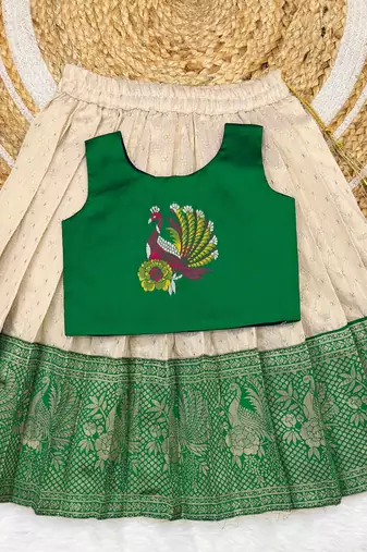 Green girls south indian pattu pavadai | traditional jacquard silk lehenga choli set