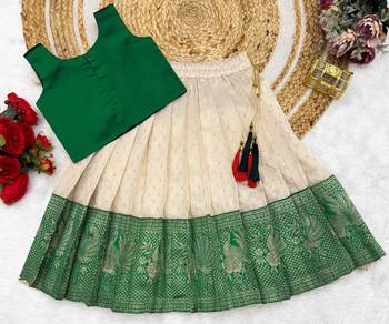 Green girls south indian pattu pavadai | traditional jacquard silk lehenga choli set 3