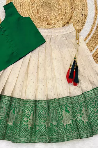 Green girls south indian pattu pavadai | traditional jacquard silk lehenga choli set