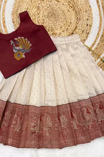 Maroon girls south indian pattu pavadai | traditional jacquard silk lehenga choli set