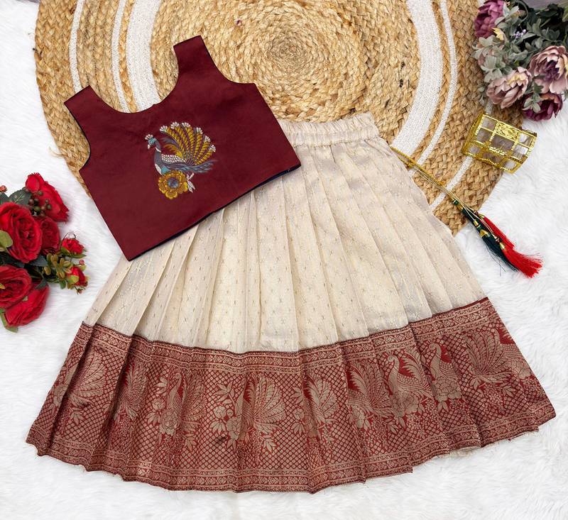 Maroon girls south indian pattu pavadai | traditional jacquard silk lehenga choli set