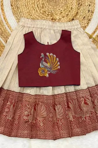 Maroon girls south indian pattu pavadai | traditional jacquard silk lehenga choli set
