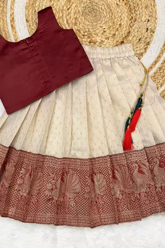 Maroon girls south indian pattu pavadai | traditional jacquard silk lehenga choli set
