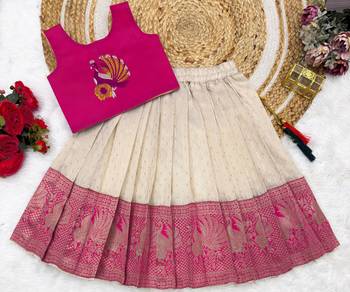 Pink girls south indian pattu pavadai | traditional jacquard silk lehenga choli set 1