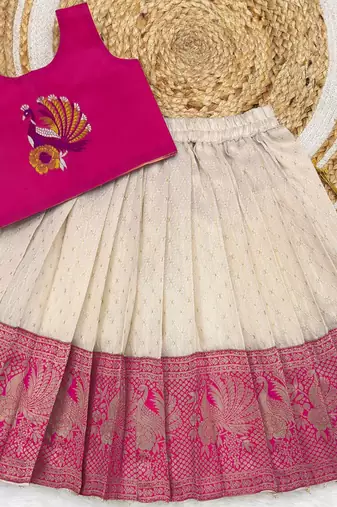Pink girls south indian pattu pavadai | traditional jacquard silk lehenga choli set