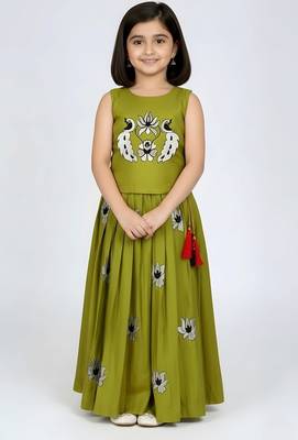 Musterd yellow south indian embrodairy pattu pavadai silk blend readymade lehenga choli dress for kids 1