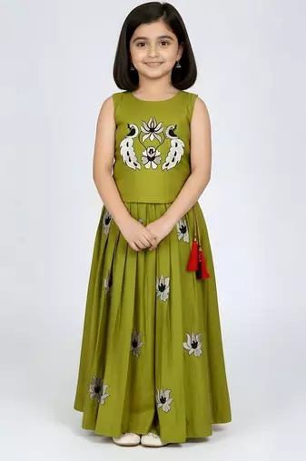 Musterd yellow south indian embrodairy pattu pavadai silk blend readymade lehenga choli dress for kids