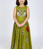 Musterd yellow south indian embrodairy pattu pavadai silk blend readymade lehenga choli dress for kids