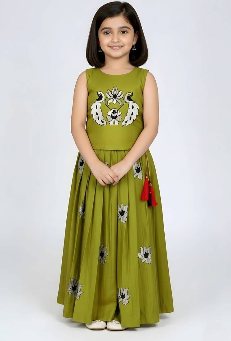 Musterd yellow south indian embrodairy pattu pavadai silk blend readymade lehenga choli dress for kids