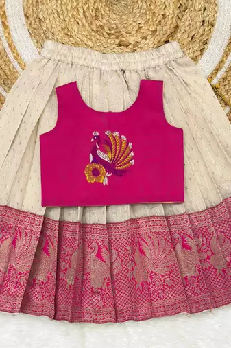 Pink girls south indian pattu pavadai | traditional jacquard silk lehenga choli set