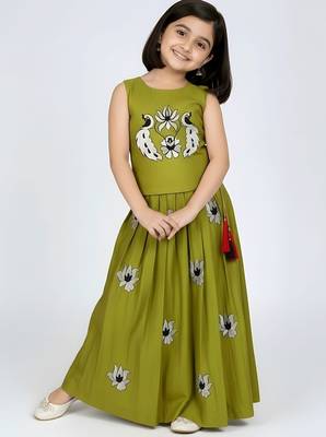 Musterd yellow south indian embrodairy pattu pavadai silk blend readymade lehenga choli dress for kids 2