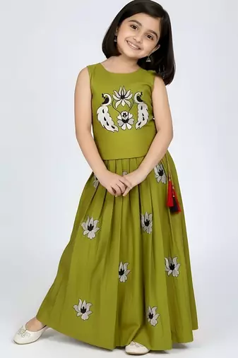 Musterd yellow south indian embrodairy pattu pavadai silk blend readymade lehenga choli dress for kids