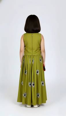Musterd yellow south indian embrodairy pattu pavadai silk blend readymade lehenga choli dress for kids 3