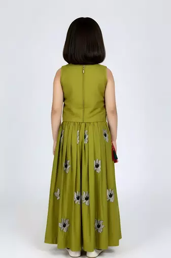 Musterd yellow south indian embrodairy pattu pavadai silk blend readymade lehenga choli dress for kids