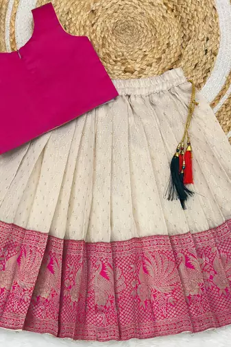 Pink girls south indian pattu pavadai | traditional jacquard silk lehenga choli set