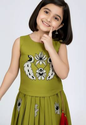 Musterd yellow south indian embrodairy pattu pavadai silk blend readymade lehenga choli dress for kids 4