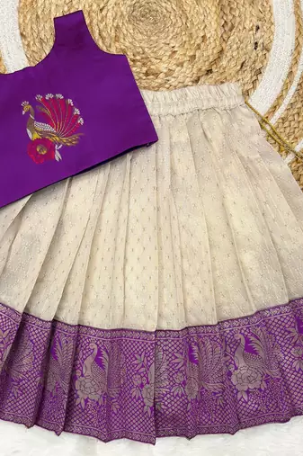 Purple girls south indian pattu pavadai | traditional jacquard silk lehenga choli set
