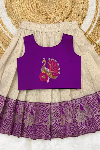 Purple girls south indian pattu pavadai | traditional jacquard silk lehenga choli set