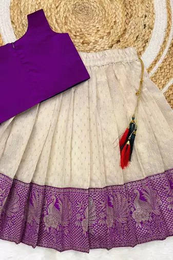 Purple girls south indian pattu pavadai | traditional jacquard silk lehenga choli set