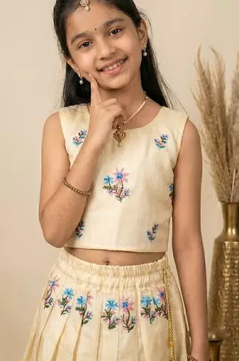 White girls silk blend embrodairy readymade pattu pavadai lehenga choli