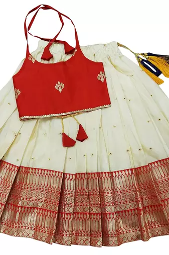 Red indian readymade traditional pattu pavadai tapeta silk lehenga choli dress for kids