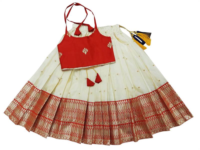 Red indian readymade traditional pattu pavadai tapeta silk lehenga choli dress for kids