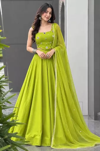 Green Mirror Navratri Lehnega Choli With Dupatta