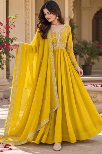 Royal Mustard Yellow Embroidered Antalkali Suit