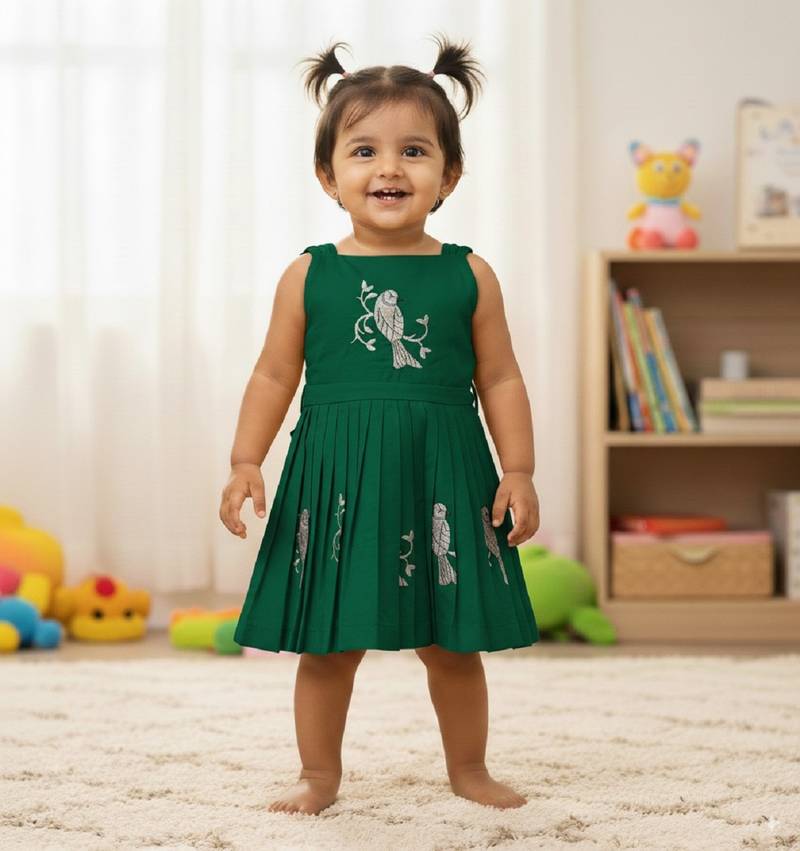 Green south indian traditional pattu pavadai tapeta silk embrodairy frock dress