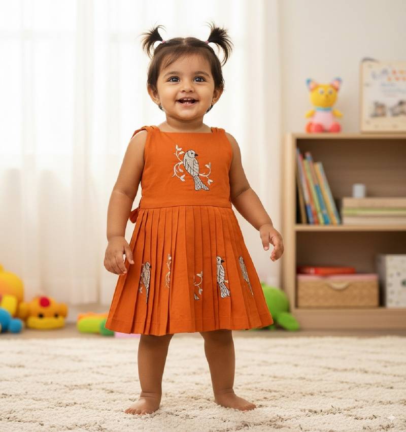 Orange south indian traditional pattu pavadai tapeta silk embrodairy frock dress