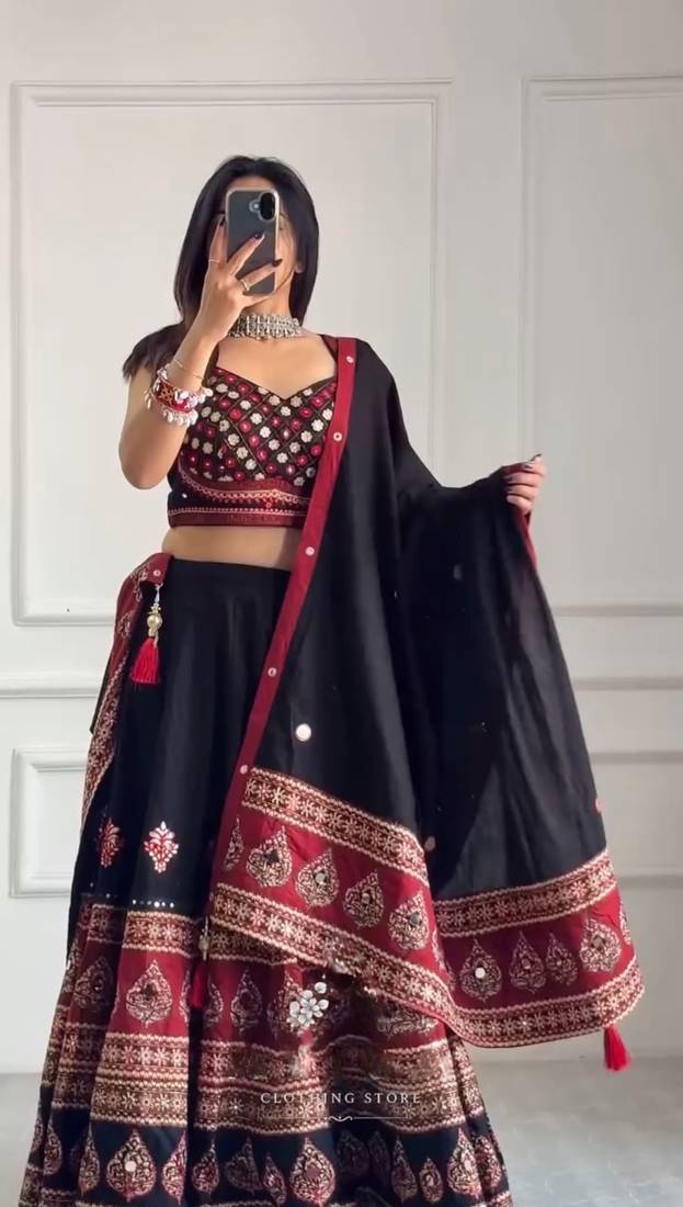 Black Printed Navratri Lehenga Choli With Dupatta