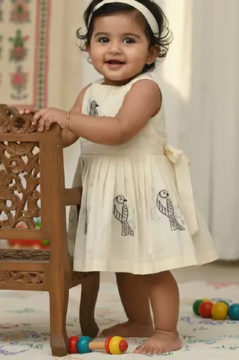 Cream south indian traditional pattu pavadai tapeta silk embrodairy frock dress