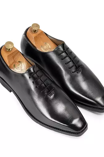 Black grey leather wholecut oxfords