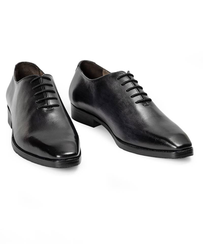 Black grey leather wholecut oxfords