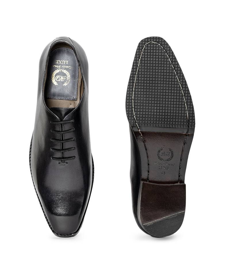 Black grey leather wholecut oxfords