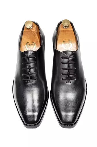 Black grey leather wholecut oxfords