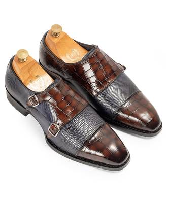Navy and brown komodo leather monkstraps 1
