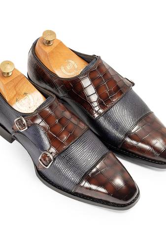 Navy and brown komodo leather monkstraps