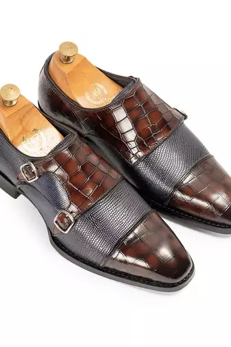 Navy and brown komodo leather monkstraps