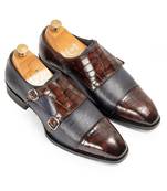 Navy and brown komodo leather monkstraps